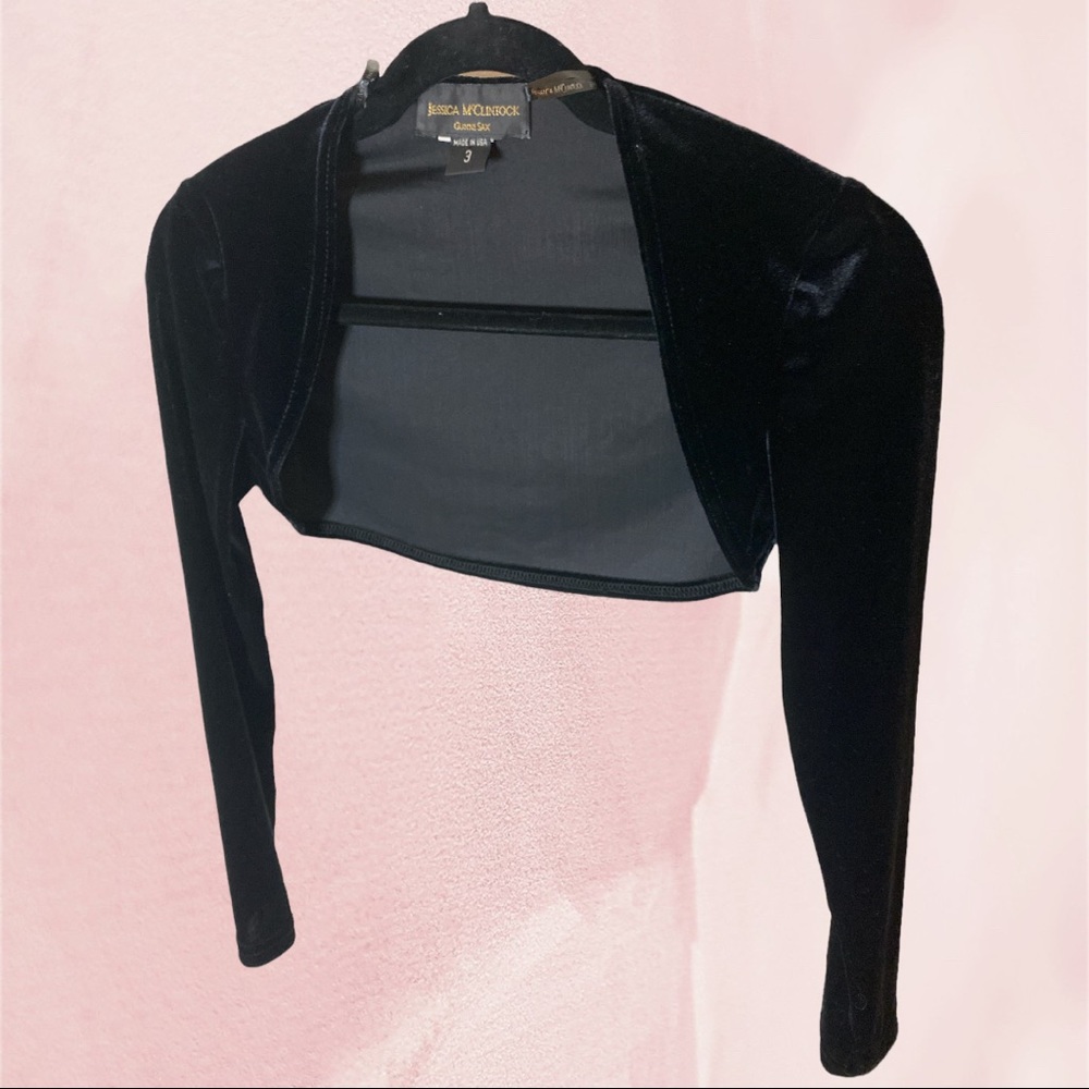 Jessica McClintock - Y2K - Jet Black Velvety Formal Cropped Shrug Cover Sweater - Picture 2 of 5